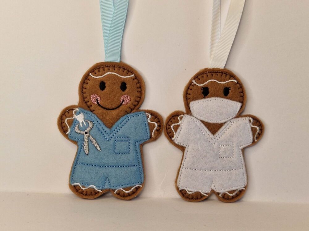 Dentist or Dental Nurse Gingerbread Felt Hanging Decoration, Christmas Tree Decoration. Available as Keyring & Fridge Magnet too.