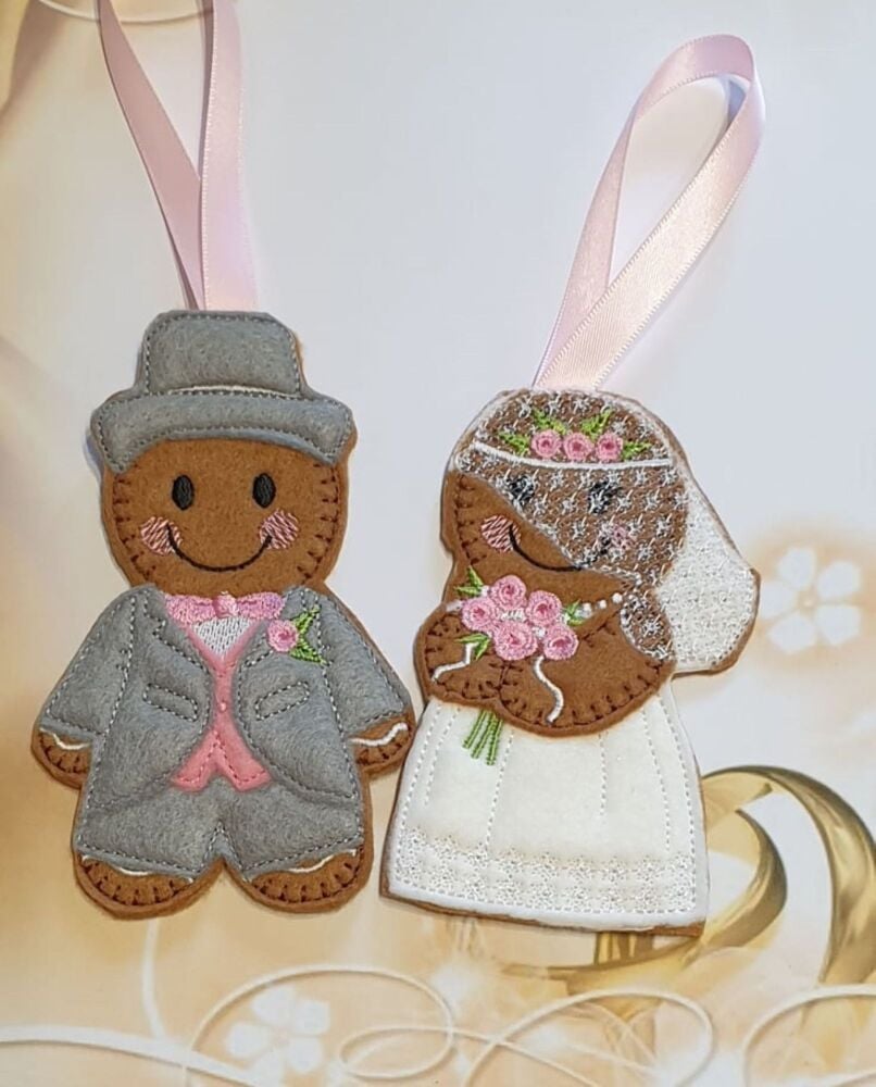 Bride & Groom Wedding Gingerbread Felt Hanging Decoration, Christmas Tree Decoration. Available as Keyring & Fridge Magnet too.