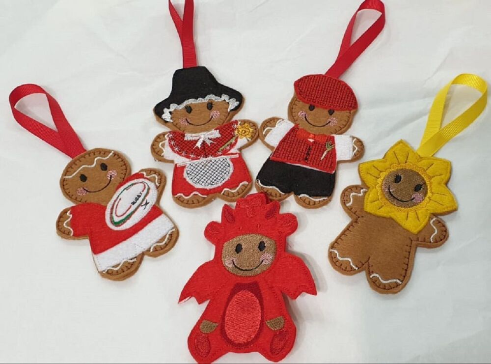 Set of 5 Welsh Gingerbreads Felt Hanging Decoration, Christmas Tree Decorat