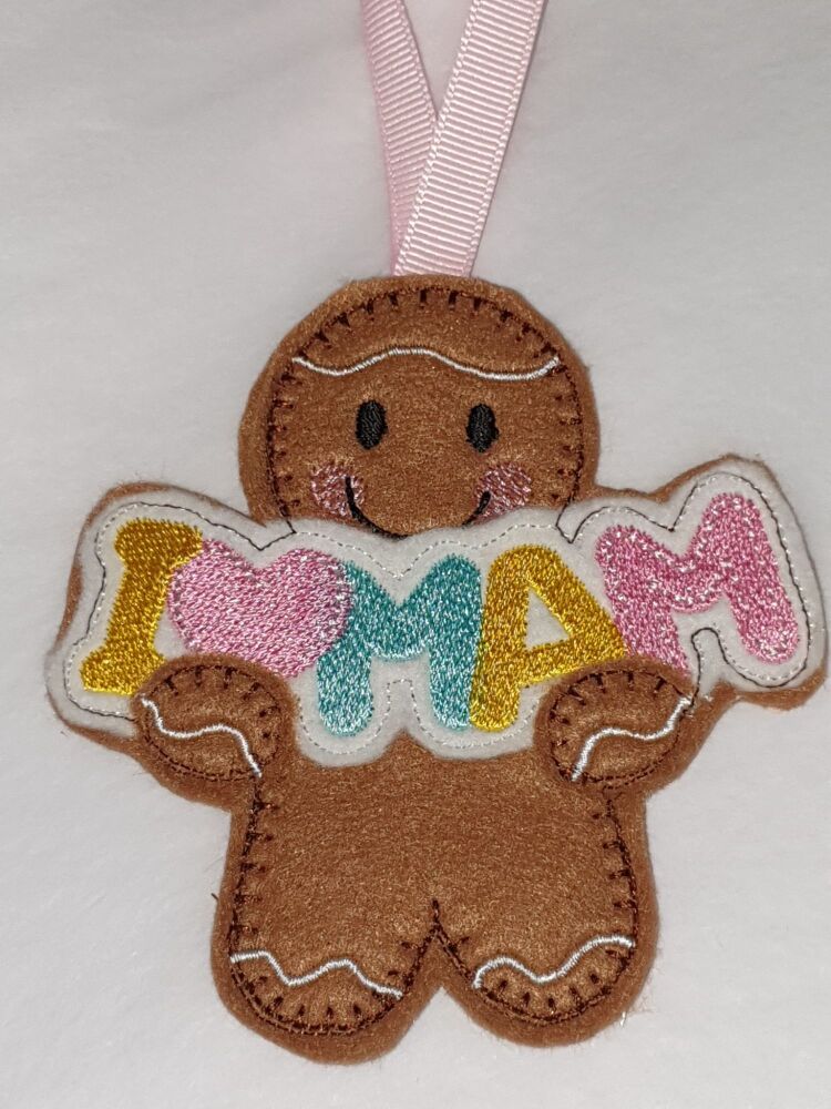 I ðŸ’— MUM, MAM, MOM  Gingerbread Felt Hanging Decoration, Christmas Tree Decoration. Available as Keyring & Fridge Magnet too.