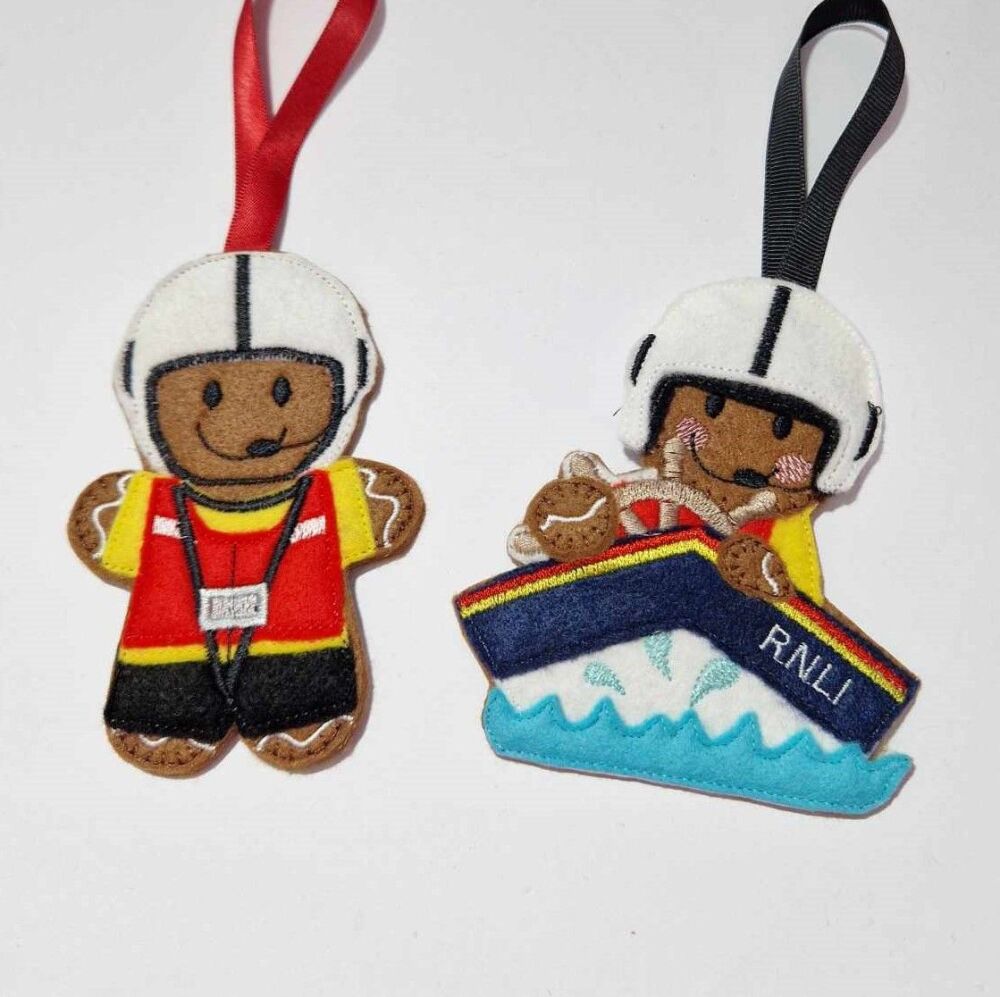 RNLI, Lifeboat, Lifeguards Gingerbread Felt Hanging Decoration, Christmas Tree Decoration. Available as Keyring & Fridge Magnet too.