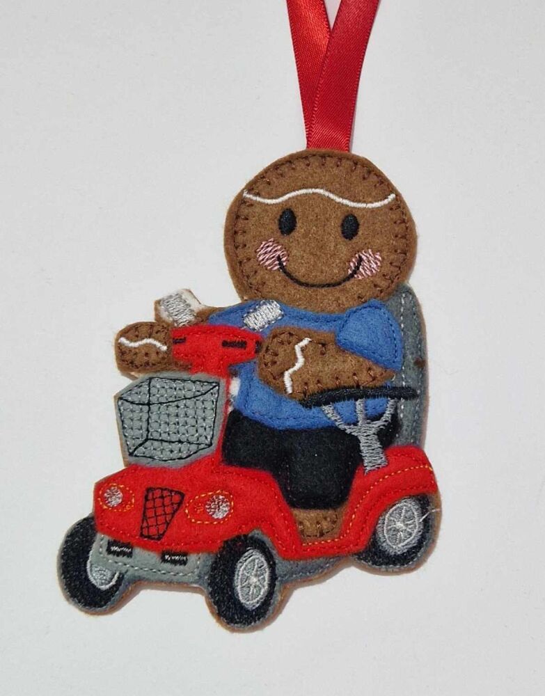 Mobility Scooter Gingerbread Felt Hanging Decoration, Christmas Tree Decoration. Available as Keyring & Fridge Magnet too.