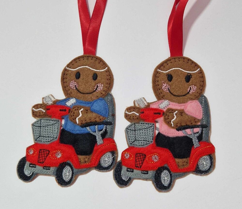 Mobility Scooter Gingerbread Felt Hanging Decoration, Christmas Tree Decoration. Available as Keyring & Fridge Magnet too.