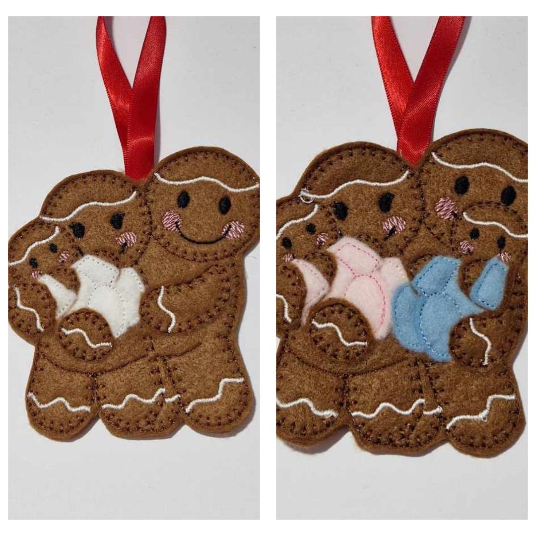 Mum Dad & Baby or Twins Gingerbread Felt Hanging Decoration, Christmas Tree