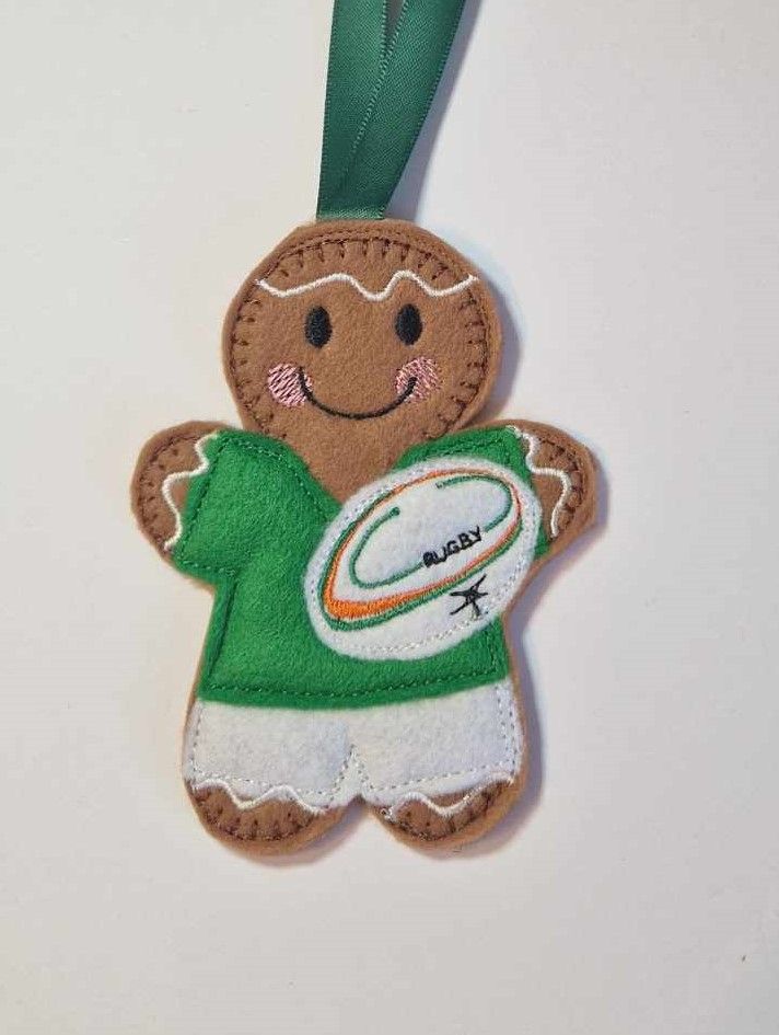 ST. Patricks Day Irish Rugby Gingerbread Felt Hanging Decoration, Christmas Tree Decoration. Available as Keyring & Fridge Magnet too.