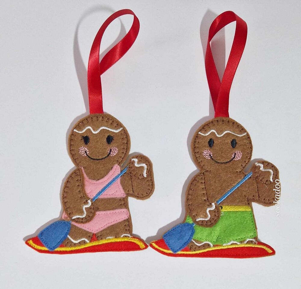 Paddle Boarding Gingerbread Felt Hanging Decoration, Christmas Tree Decoration. Available as Keyring & Fridge Magnet too.