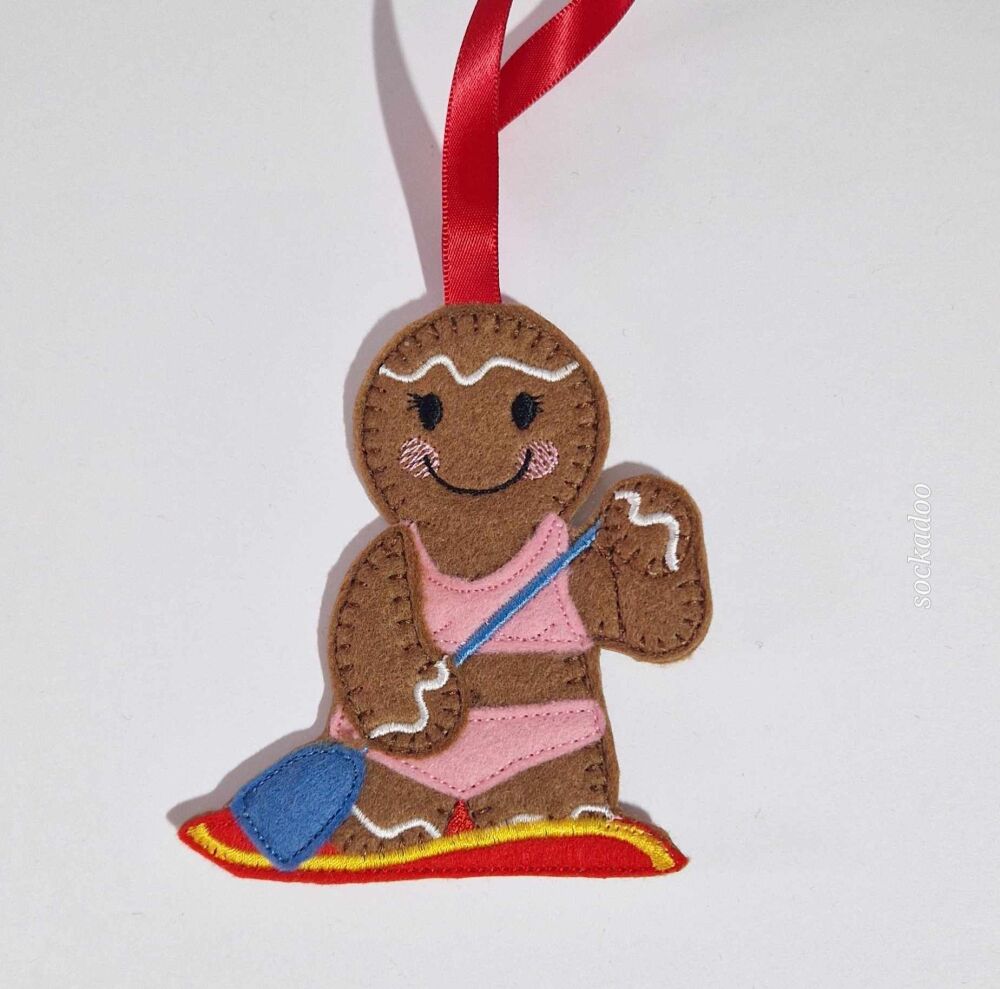 Paddle Boarding Gingerbread Felt Hanging Decoration, Christmas Tree Decoration. Available as Keyring & Fridge Magnet too.