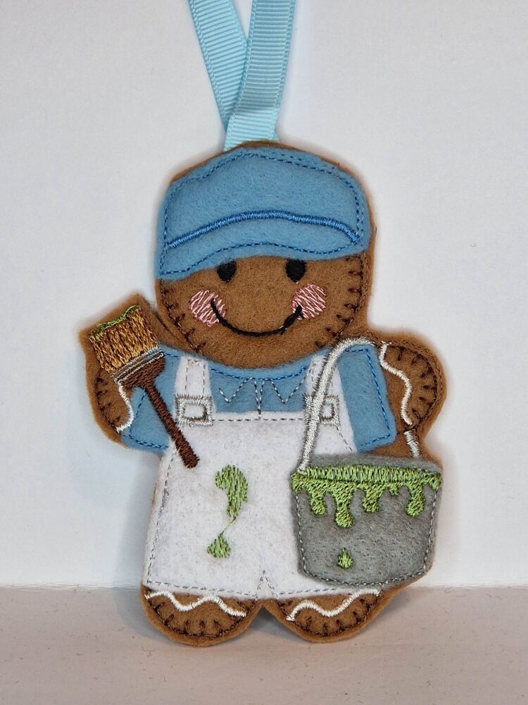 Painter & Decorator Gingerbread Felt Hanging Decoration, Christmas Tree Decoration. Available as Keyring & Fridge Magnet too.