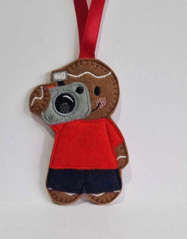 Photographer Gingerbread Felt Hanging Decoration, Christmas Tree Decoration. Available as Keyring & Fridge Magnet too.