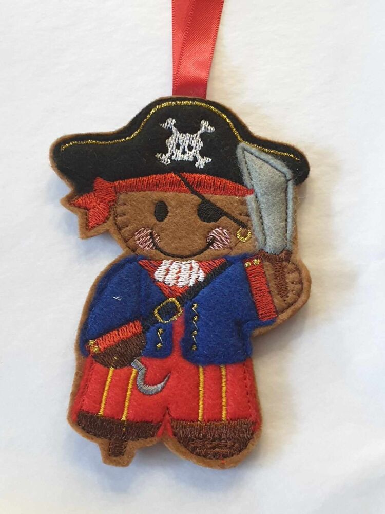 Pirate Gingerbread Felt Hanging Decoration, Christmas Tree Decoration. Available as Keyring & Fridge Magnet too.