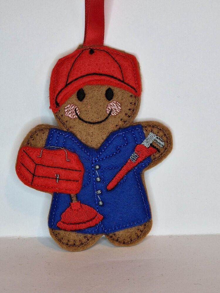 Plumber Gingerbread Felt Hanging Decoration, Christmas Tree Decoration. Ava