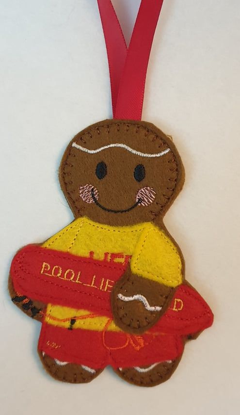 Pool Lifeguard Gingerbread Felt Hanging Decoration, Christmas Tree Decoration. Available as Keyring & Fridge Magnet too.