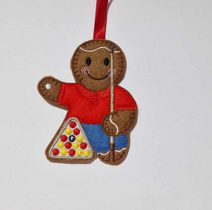 Pool Player Gingerbread Felt Hanging Decoration, Christmas Tree Decoration. Available as Keyring & Fridge Magnet too.