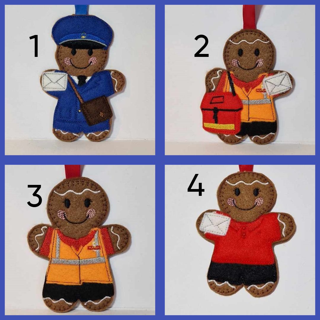 Postal Worker, Postman Gingerbread Felt Hanging Decoration, Christmas Tree Decoration. Available as Keyring & Fridge Magnet too.