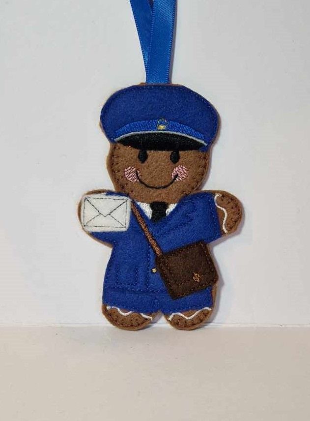 Postal Worker, Postman Gingerbread Felt Hanging Decoration, Christmas Tree Decoration. Available as Keyring & Fridge Magnet too.