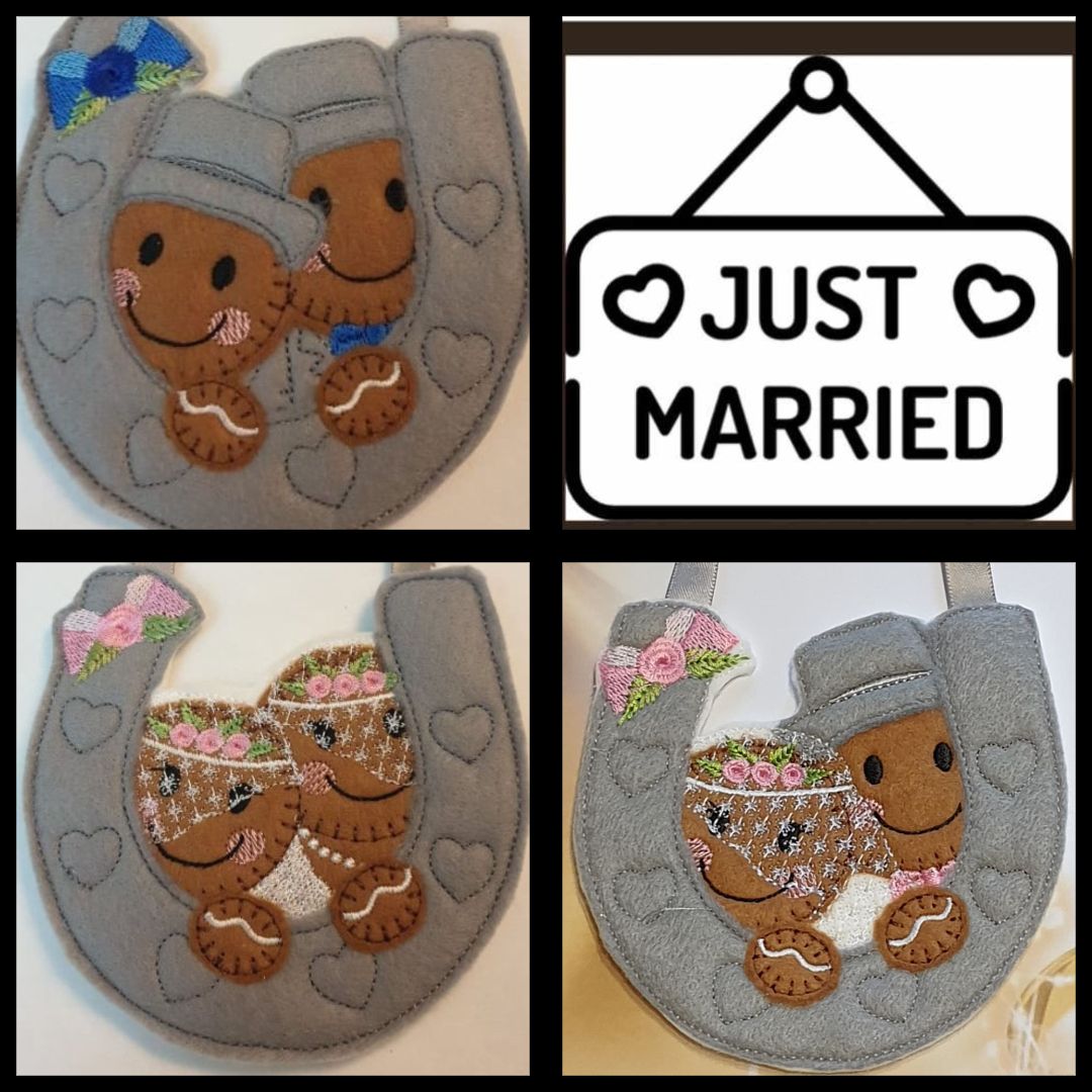 Bride & Groom Horseshoe Gingerbread Felt Hanging Decoration, Christmas Tree Decoration. Available as Keyring & Fridge Magnet too.