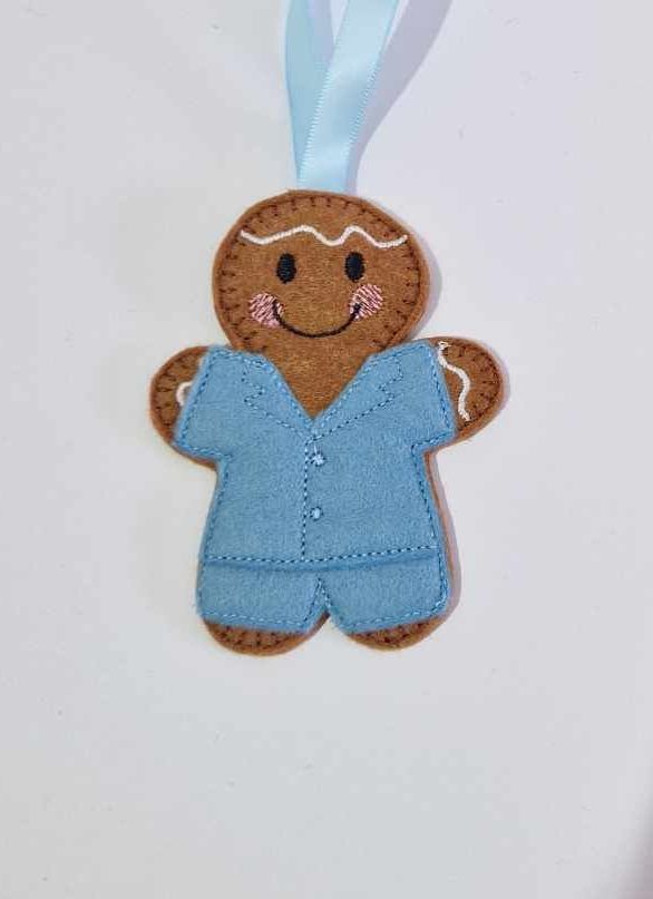 Pyjamas Gingerbread Felt Hanging Decoration, Christmas Tree Decoration. Available as Keyring & Fridge Magnet too.