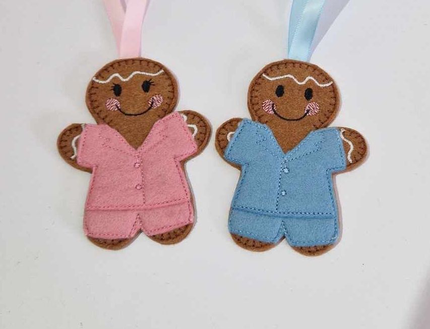 Pyjamas Gingerbread Felt Hanging Decoration, Christmas Tree Decoration. Available as Keyring & Fridge Magnet too.