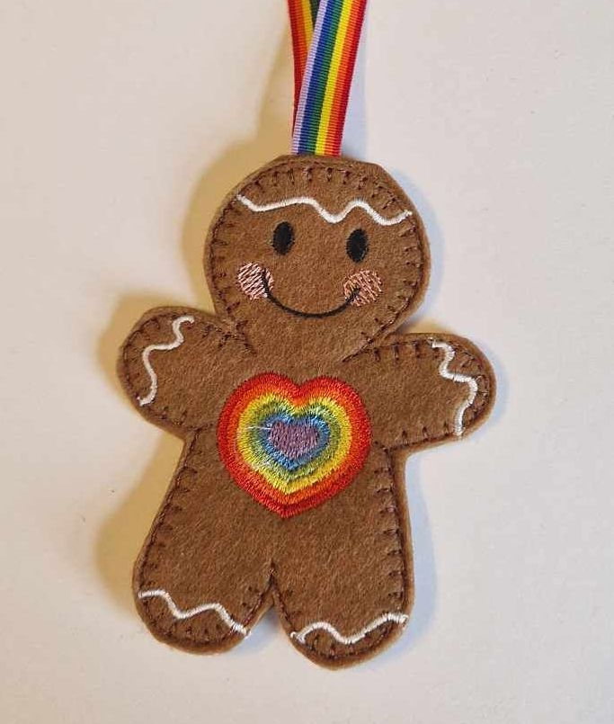 Rainbow Heart Gingerbread Felt Hanging Decoration.  Can be Keyring or fridge magnet too