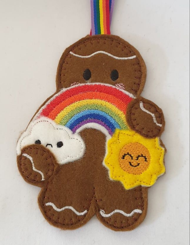 Rainbow Sunshine Gingerbread Felt Hanging Decoration.  Can be Keyring or fridge magnet too