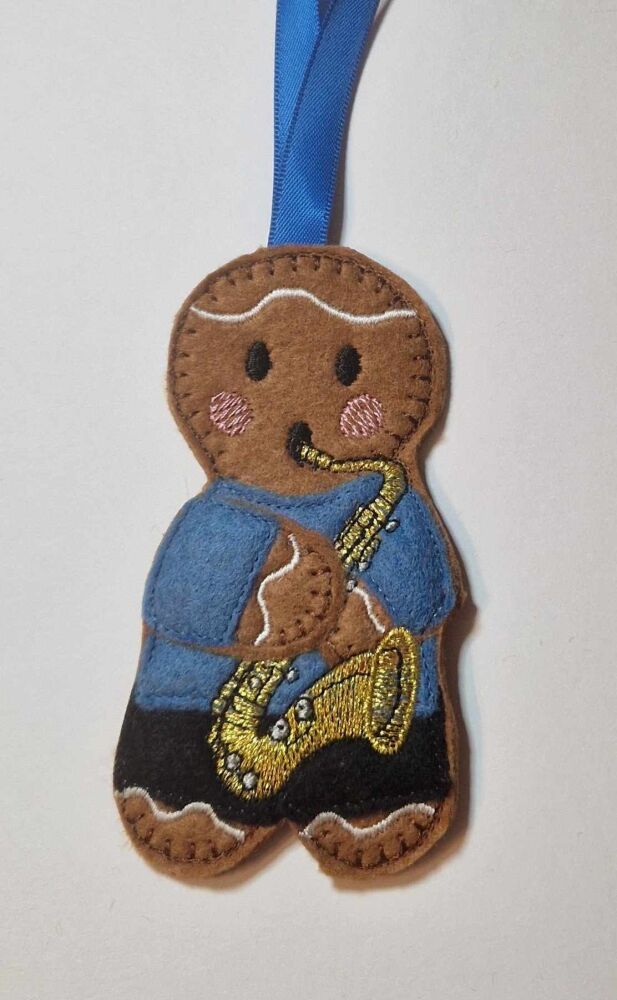 Saxophonist Gingerbread Felt Hanging Decoration.  Can be Keyring or fridge magnet too