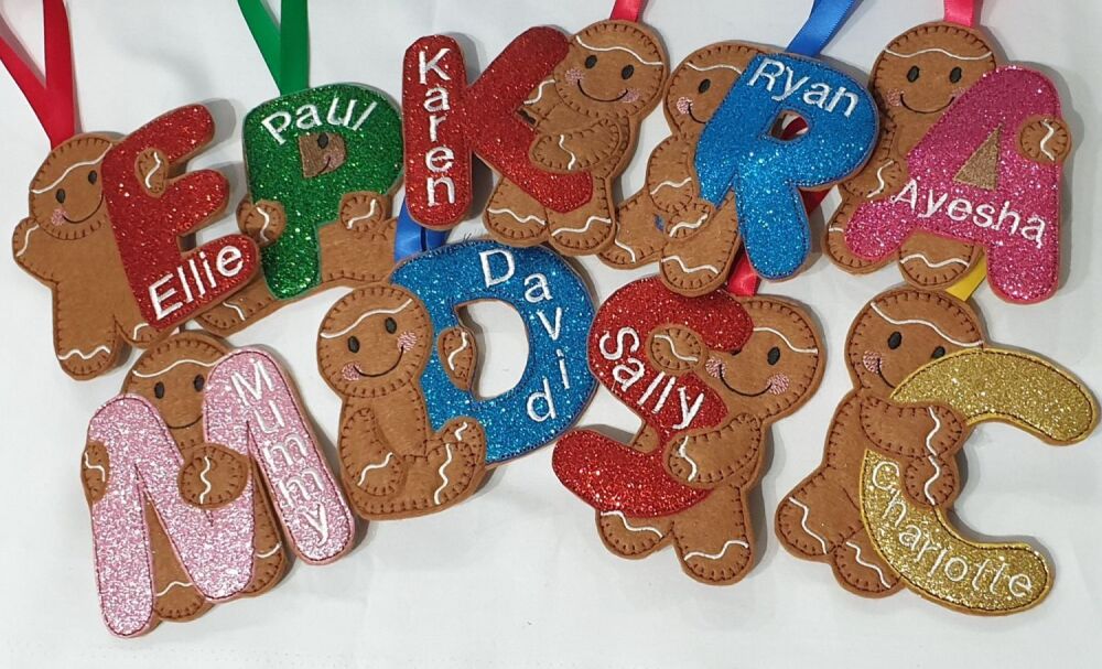 Personalised Felt Alphabet Gingerbread Decorations.  Choose either Hanging 