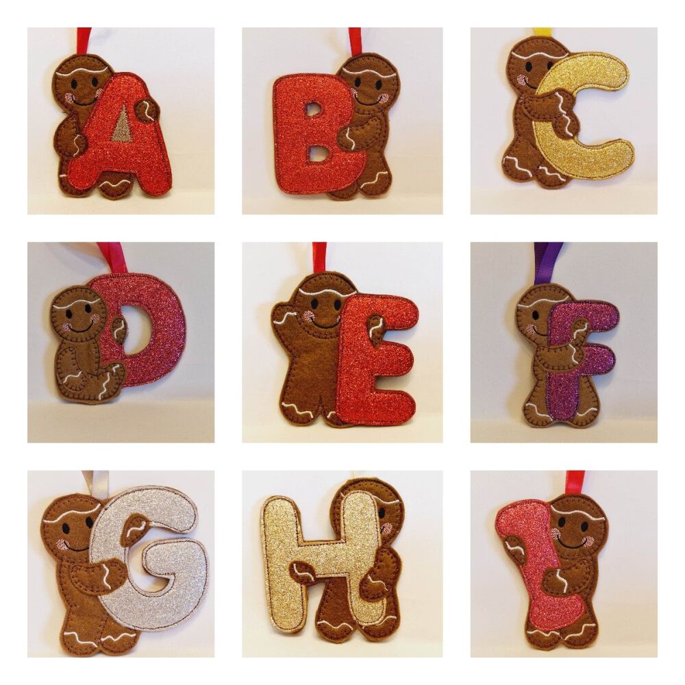 Personalised Felt Alphabet Gingerbread Decorations.  Choose either Hanging Decoration, Keyring Or Fridge magnet