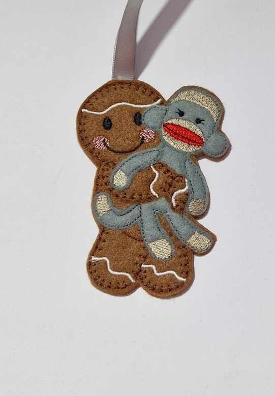 Sock Monkey  Gingerbread Felt Hanging Decoration.  Can be Keyring or fridge magnet too