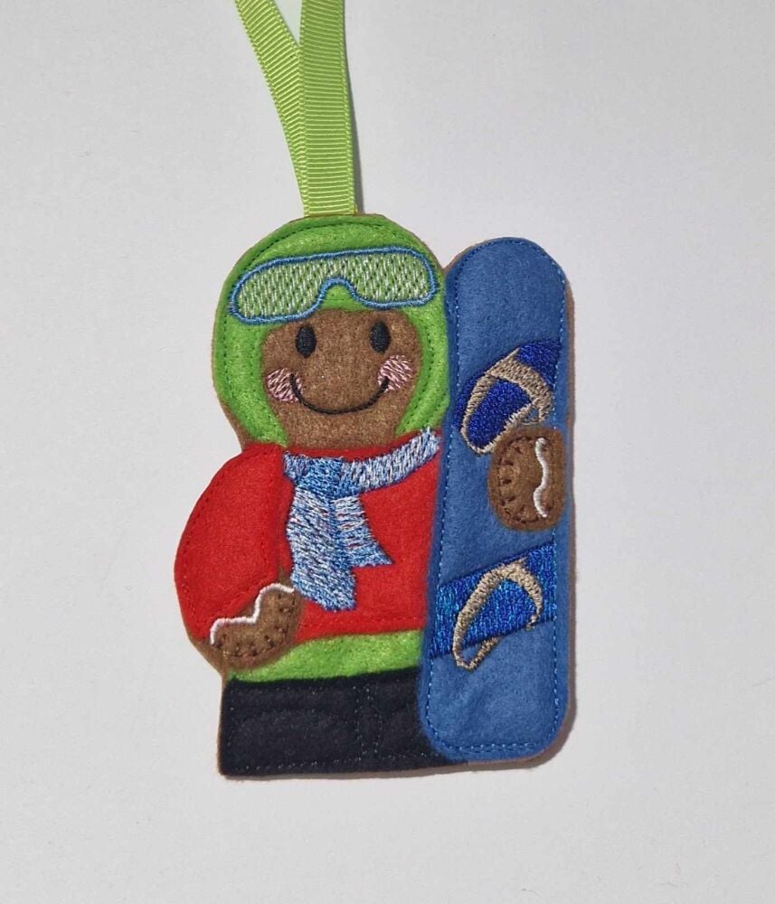 Snowboarder, Snowboarding Gingerbread Felt Hanging Decoration.  Can be Keyring or fridge magnet too