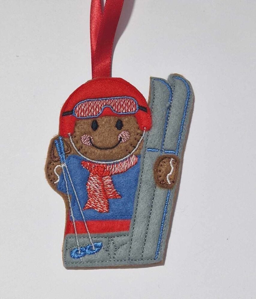 Skier, Skiing Gingerbread Felt Hanging Decoration.  Can be Keyring or fridge magnet too