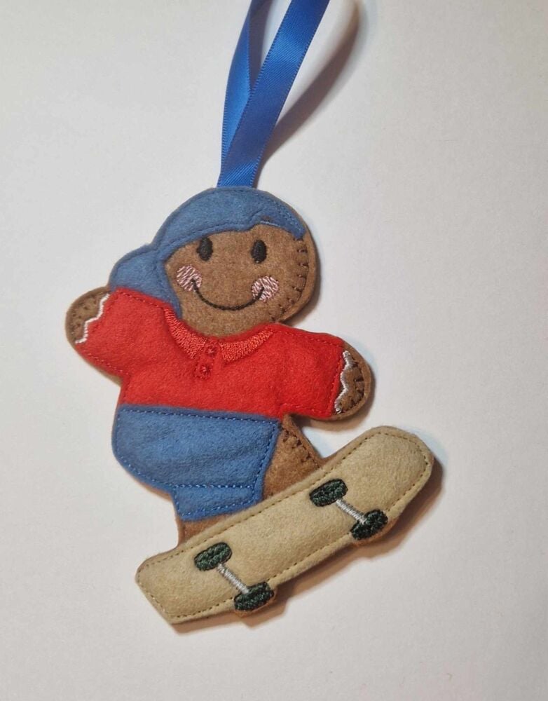 Skateboarder  Gingerbread Felt Hanging Decoration.  Can be Keyring or fridge magnet too