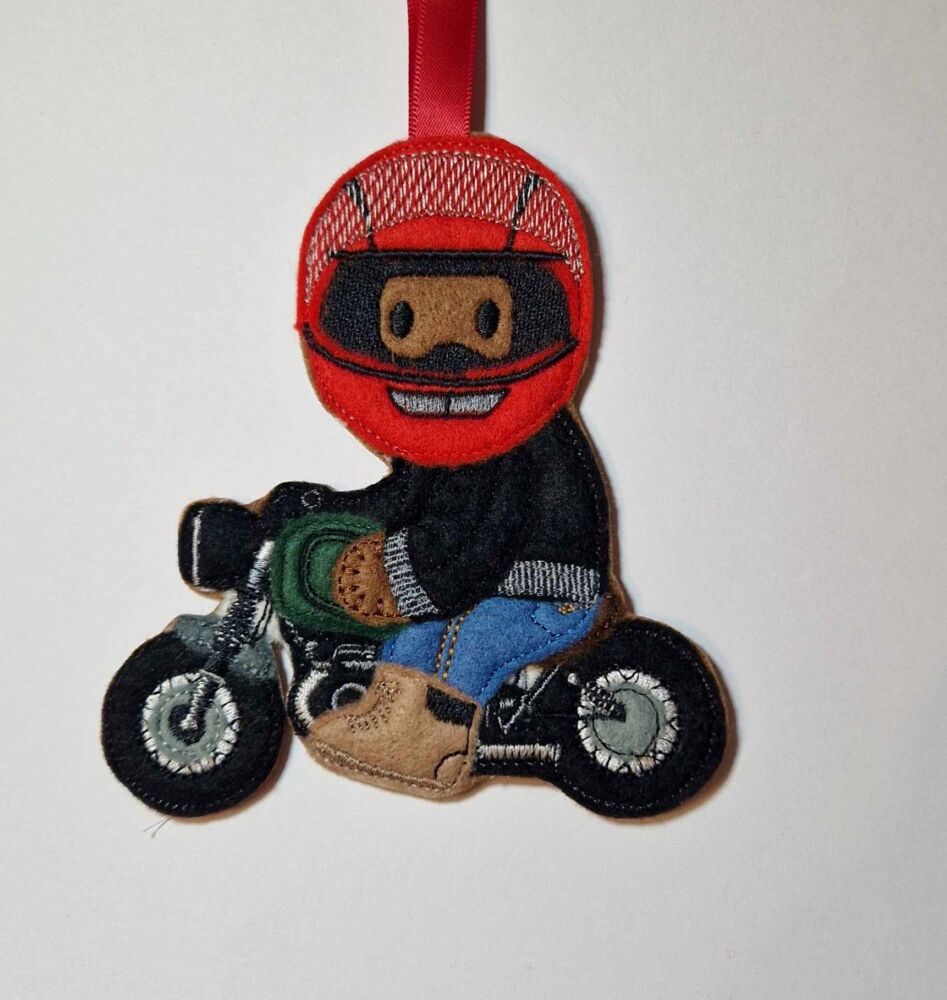 Motorbike, motorcycle Gingerbread Felt Hanging Decoration, Christmas Tree Decoration. Available as Keyring & Fridge Magnet too.