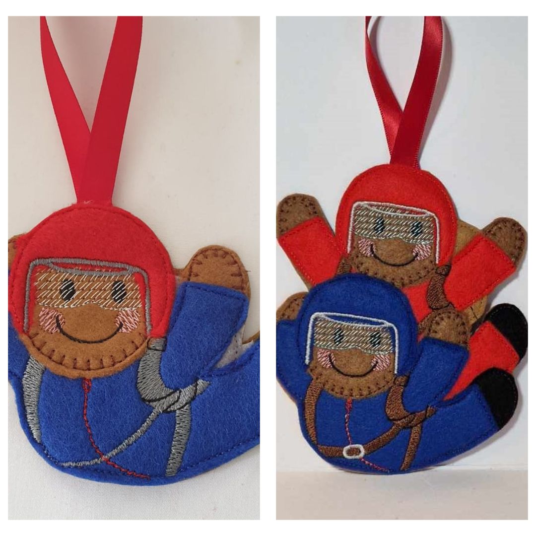 Tandem Skydiver, Skydiver Gingerbread Felt Hanging Decoration.  Can be Keyring or fridge magnet too