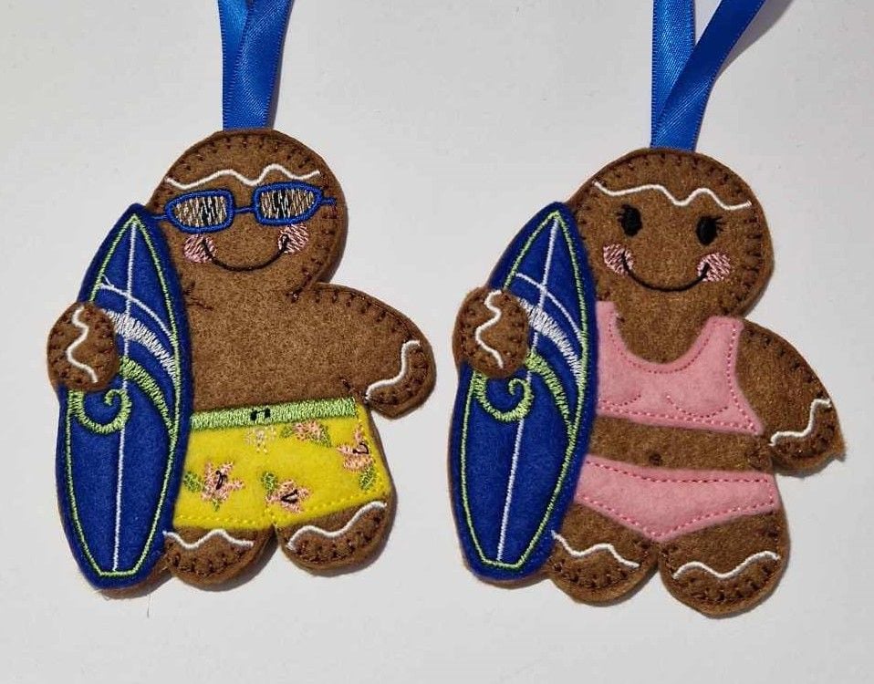 Surfboarding, Surfer, Surfing Gingerbread Felt Hanging Decoration.  Can be Keyring or fridge magnet too