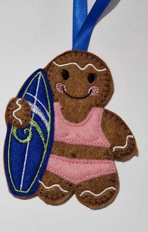 Surfboarding, Surfer, Surfing Gingerbread Felt Hanging Decoration.  Can be Keyring or fridge magnet too