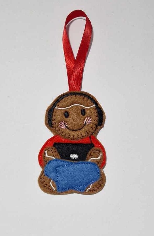 Tablet Watching Playing Gingerbread Felt Hanging Decoration.  Can be Keyring or fridge magnet too