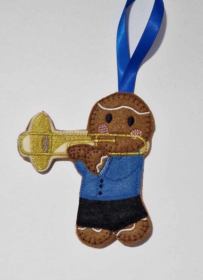 Trombone Gingerbread Felt Hanging Decoration.  Can be Keyring or fridge magnet too