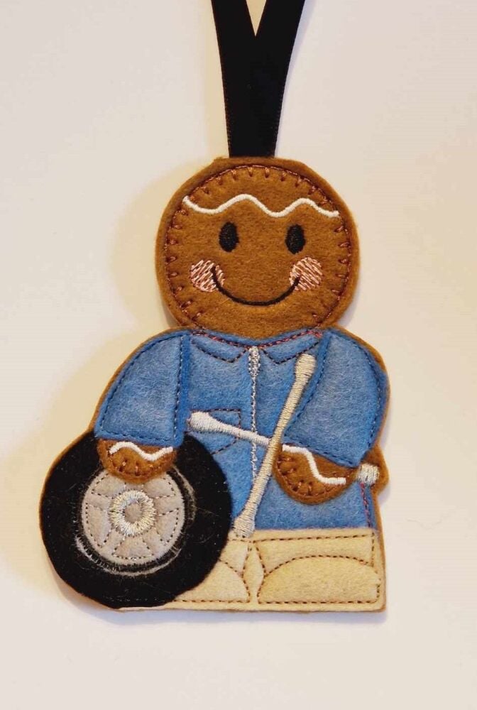 Tyre Fitter Gingerbread Felt Hanging Decoration.  Can be Keyring or fridge magnet too