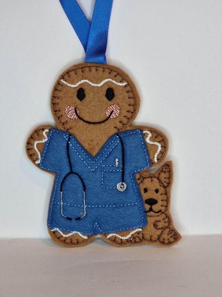 Vet Gingerbread Felt Hanging Decoration.  Can be Keyring or fridge magnet too