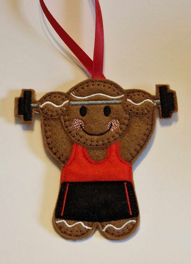Weightlifter Gingerbread Felt Hanging Decoration.  Can be Keyring or fridge magnet too