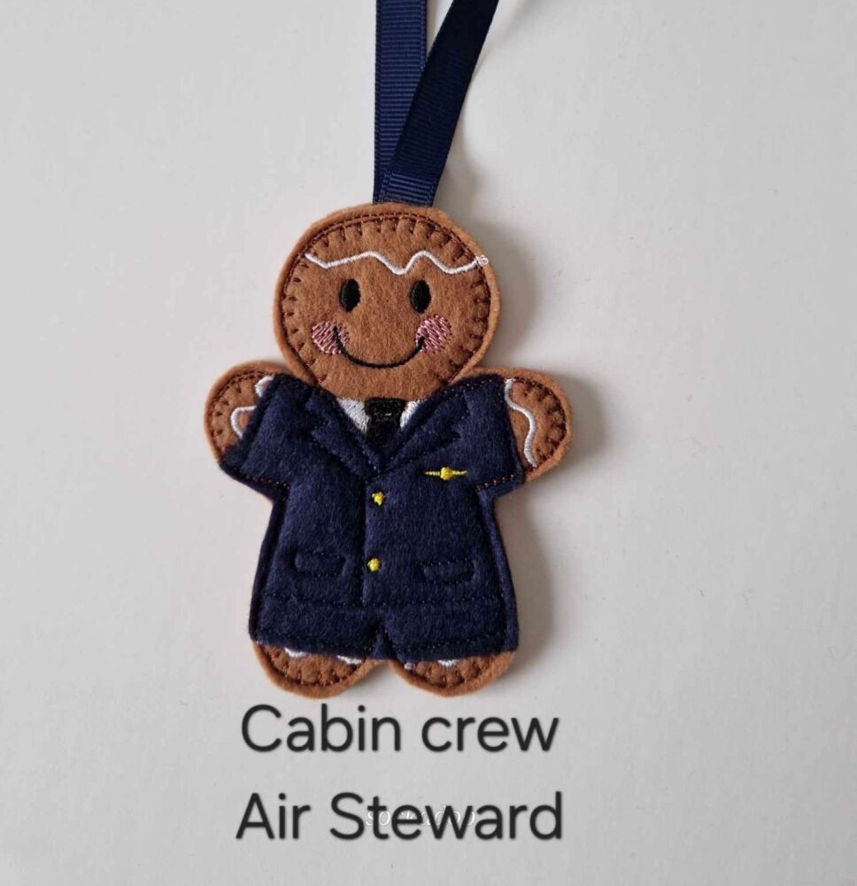 Air steward, Cabin crew, Gingerbread Decoration. Available as a Hanging decoration, Keyring/Bag charm Or fridge magnet