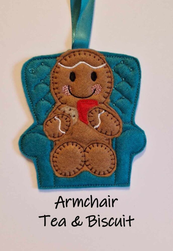 Armchair Tea & biscuit Gingerbread Decoration. Available as a Hanging decoration, Keyring/Bag charm Or fridge magnet