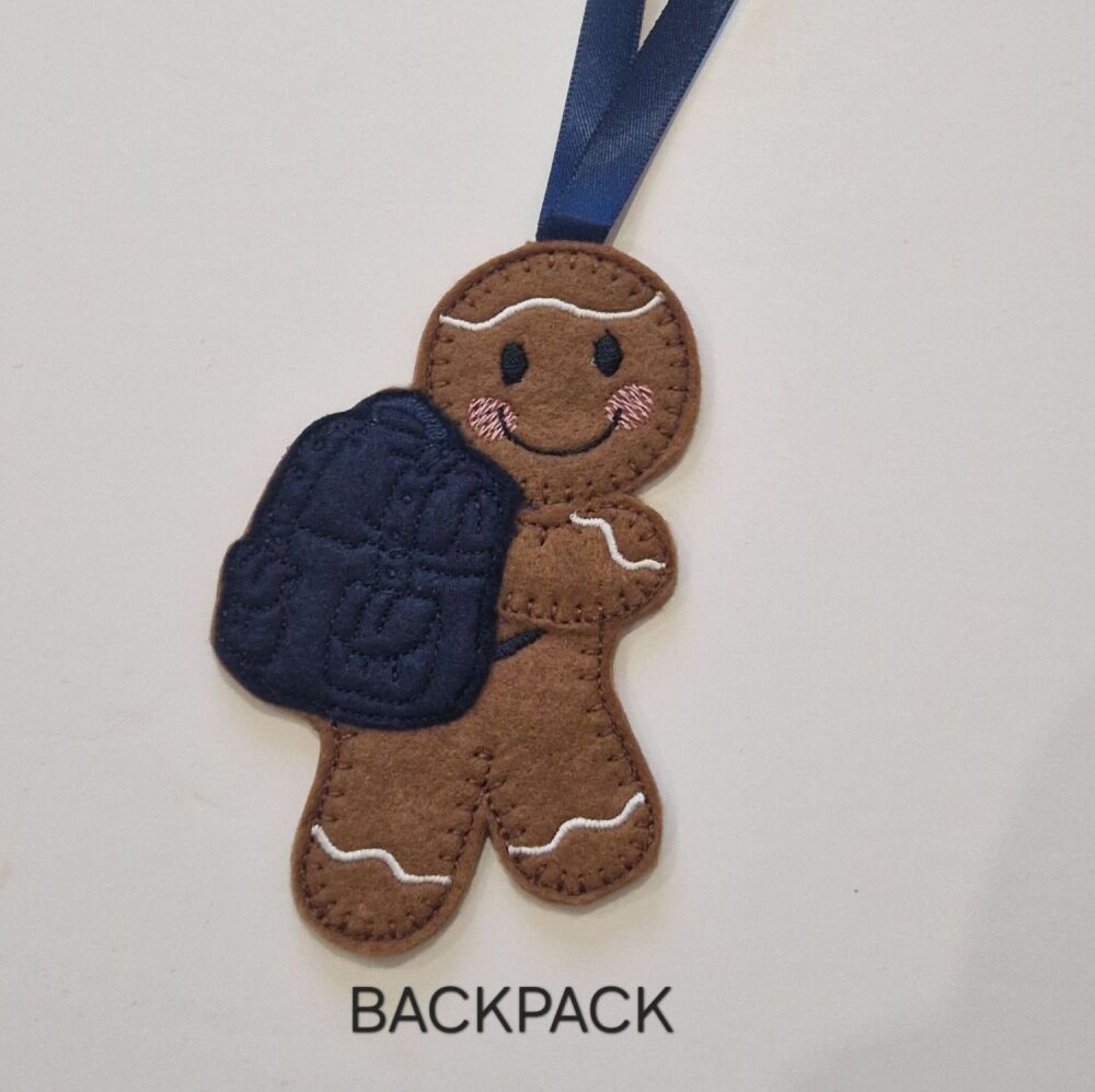 Backpack wearing Gingerbread Decoration. Available as a Hanging decoration, Keyring/Bag charm Or fridge magnet