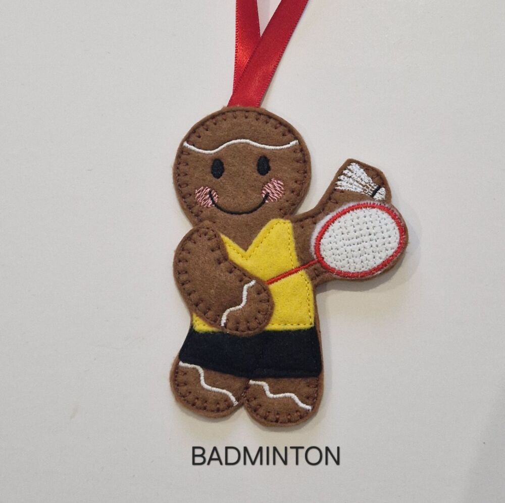 Badminton Playing Gingerbread Decoration. Available as a Hanging decoration, Keyring/Bag charm Or fridge magnet