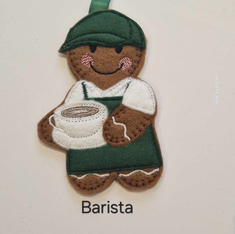 Barista Gingerbread Decoration. Available as a Hanging decoration, Keyring/Bag charm Or fridge magnet
