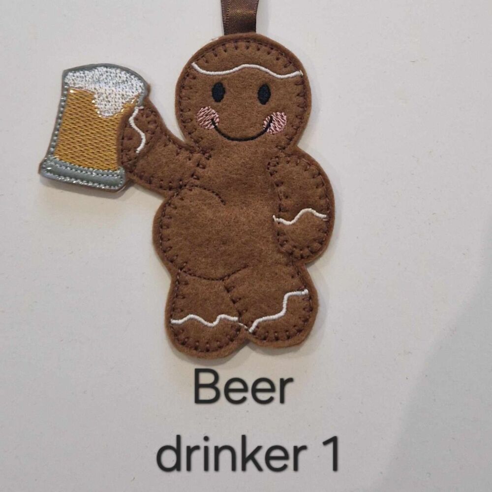 Beer Drinker  Gingerbread Decoration. Available as a Hanging decoration, Keyring/Bag charm Or fridge magnet