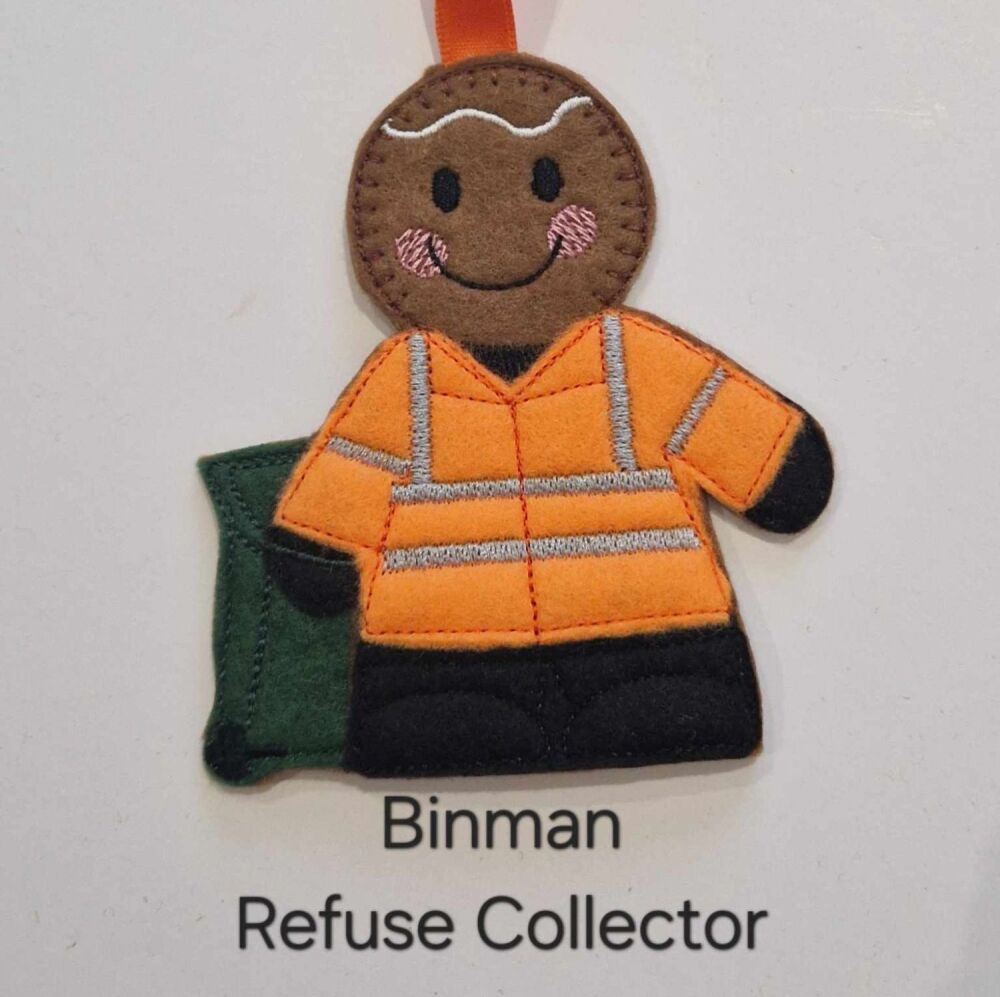 Binman - Refuse Collector Gingerbread Decoration. Available as a Hanging decoration, Keyring/Bag charm Or fridge magnet