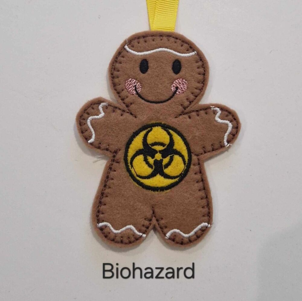 Biohazard Gingerbread Decoration. Available as a Hanging decoration, Keyring/Bag charm Or fridge magnet