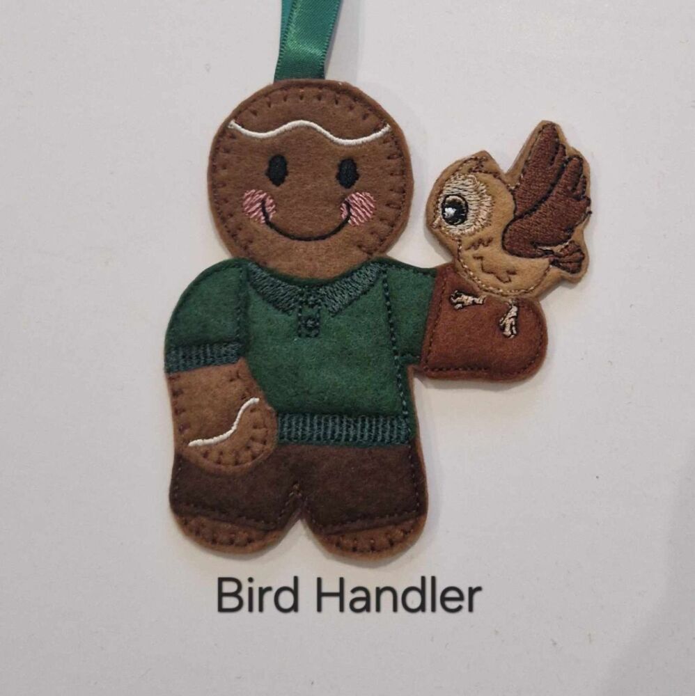 Bird Handler Gingerbread Decoration. Available as a Hanging decoration, Keyring/Bag charm Or fridge magnet