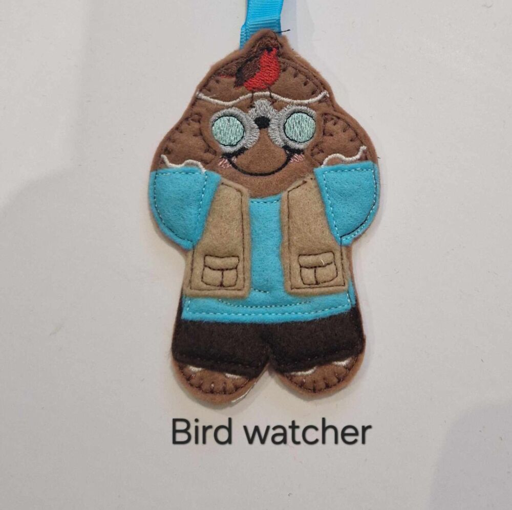Bird Watcher Gingerbread Decoration. Available as a Hanging decoration, Keyring/Bag charm Or fridge magnet